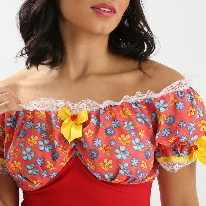 🎉 Vestido Junino Ciganinha Linha Confort – Vermelho com Flores e Laços