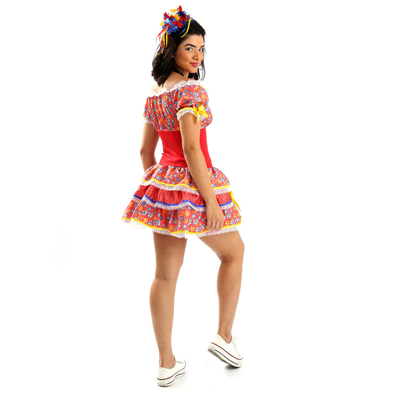 🎉 Vestido Junino Ciganinha Linha Confort – Vermelho com Flores e Laços