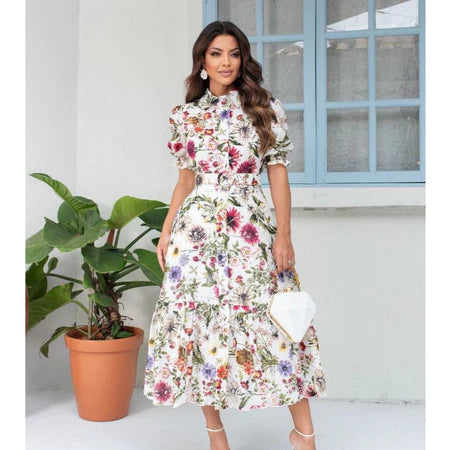 Vestido Chemise Floral em Lese