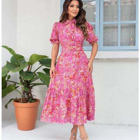 Vestido Chemise Floral em Lese