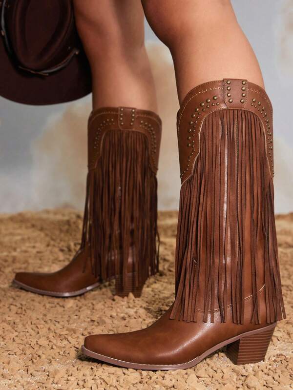 Bota Country Feminina Marrom com Franjas e Tachas