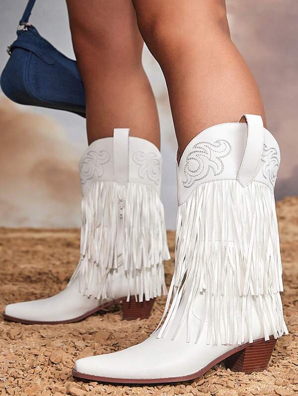 Botas Caubói Ocidentais Vintage com Bordado e Franjas –