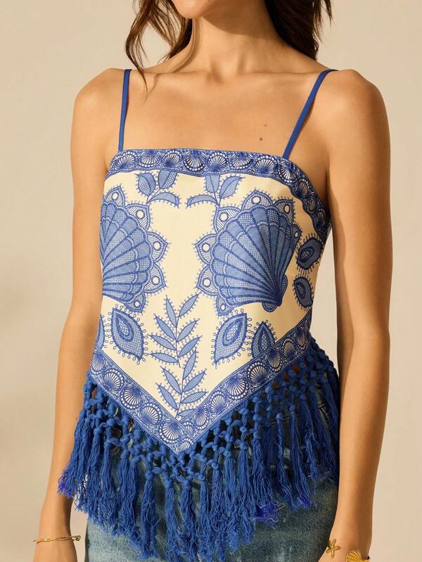 Regata Feminina Boho Praia com Estampa de Conchas e Franja Azul