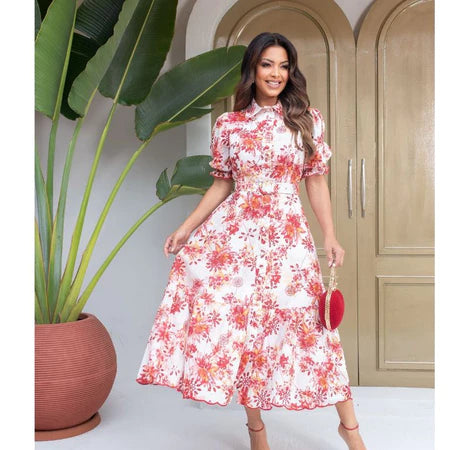 Vestido Chemise Floral em Lese