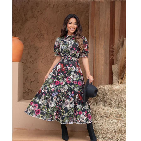 Vestido Chemise Floral em Lese