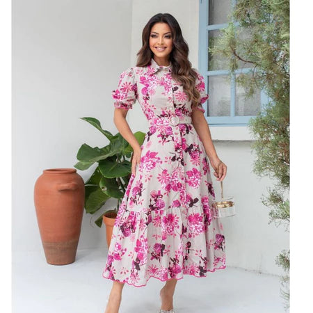 Vestido Chemise Floral em Lese