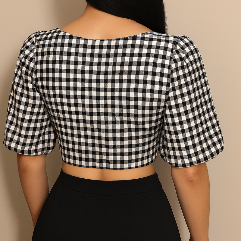 Blusa Cropped Gingham P&B - Manga Bufante