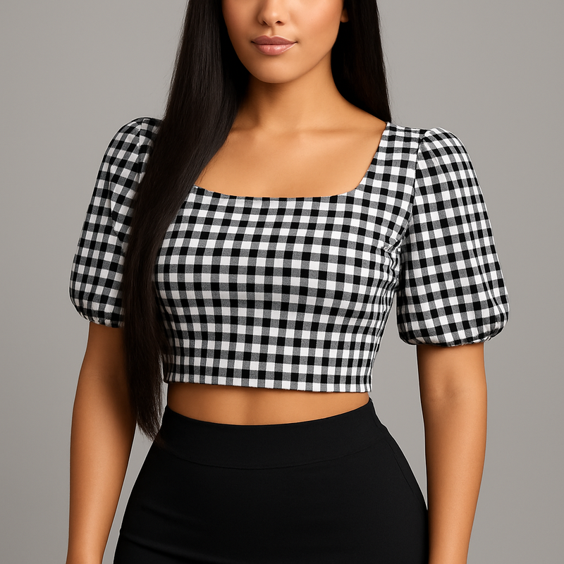 Blusa Cropped Gingham P&B - Manga Bufante