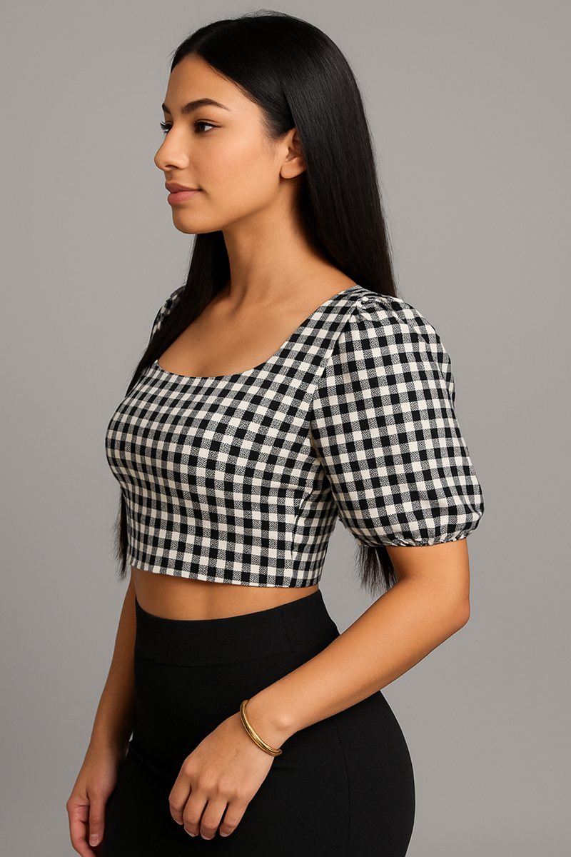 Blusa Cropped Gingham P&B - Manga Bufante