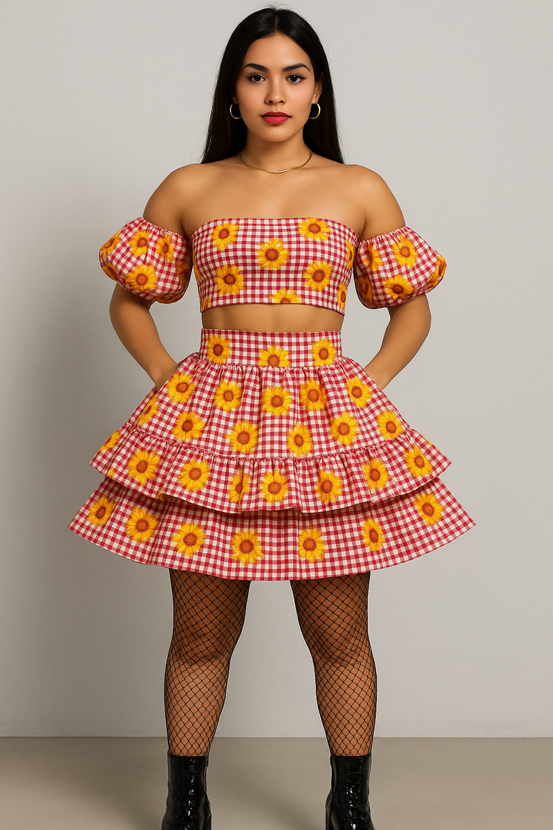 🌻 Vestido Caipira Girassol Vichy Vermelho – Modelo Festa Junina 🌻