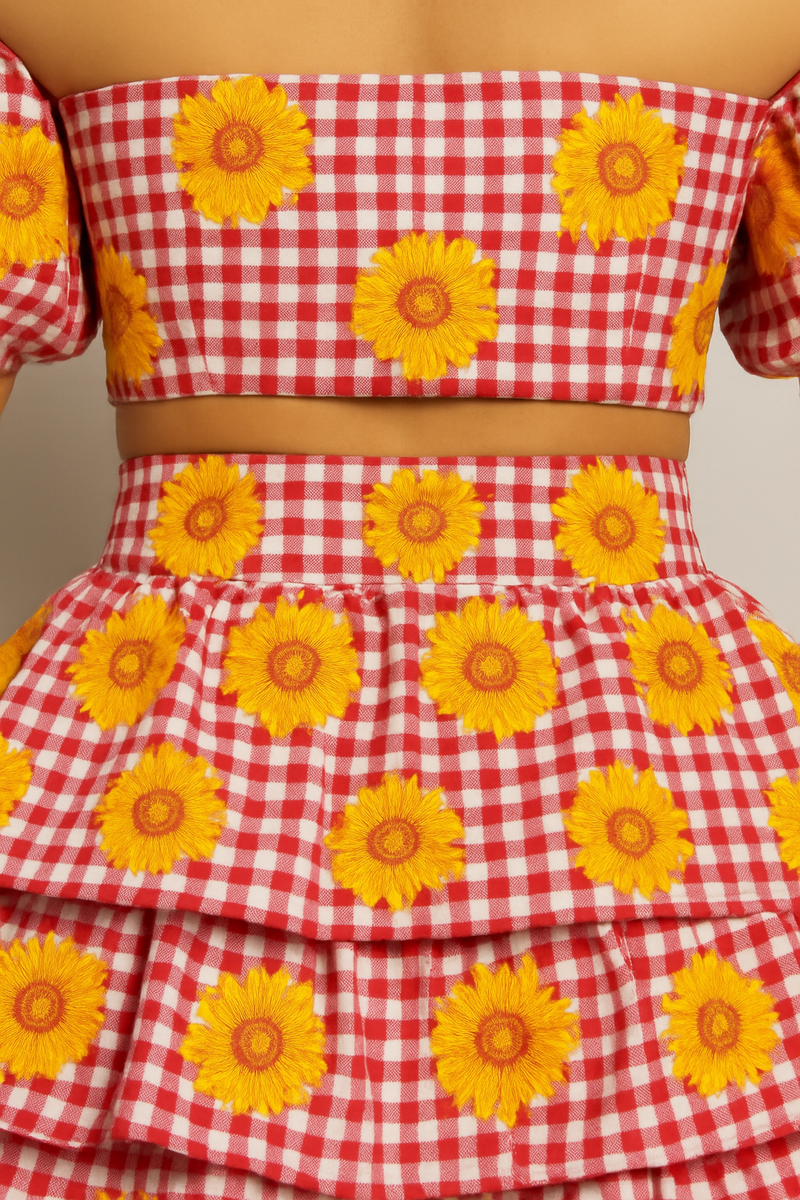 🌻 Vestido Caipira Girassol Vichy Vermelho – Modelo Festa Junina 🌻