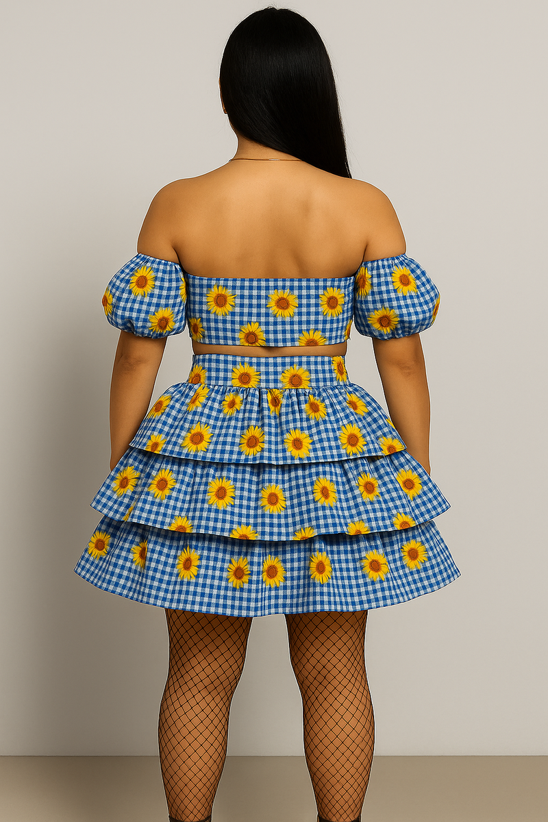 💙🌻 Vestido Caipira Girassol Vichy Azul – Clássico Junino com Toque Romântico 🌻💙