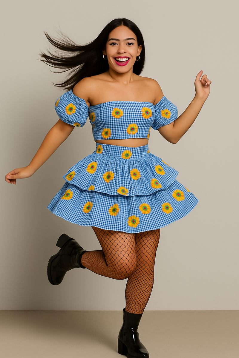💙🌻 Vestido Caipira Girassol Vichy Azul – Clássico Junino com Toque Romântico 🌻💙