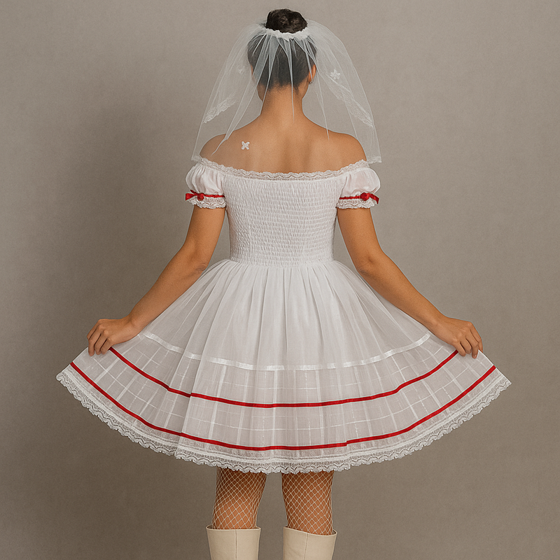 Vestido de Noivinha Junina Branco com Detalhes Vermelhos