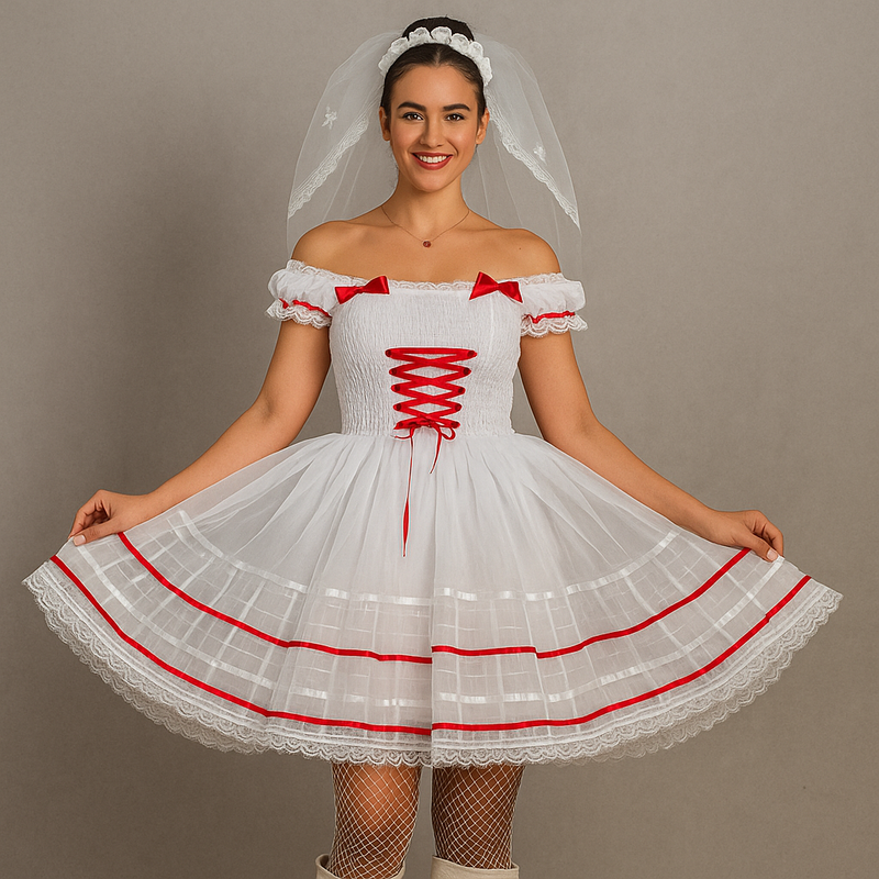 Vestido de Noivinha Junina Branco com Detalhes Vermelhos