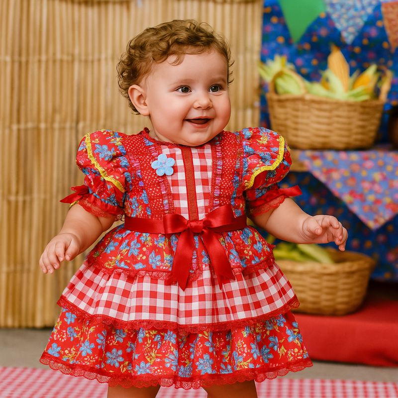 Vestido Festa Junina Caipira Vermelho para Bebê – Com Tiara e Shorts