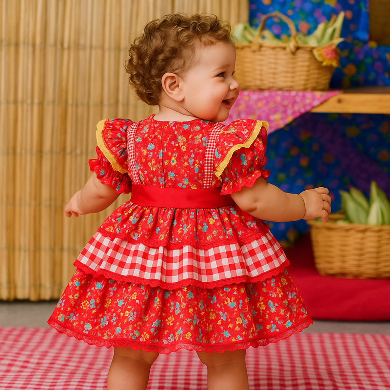 Vestido Festa Junina Caipira Vermelho para Bebê – Com Tiara e Shorts