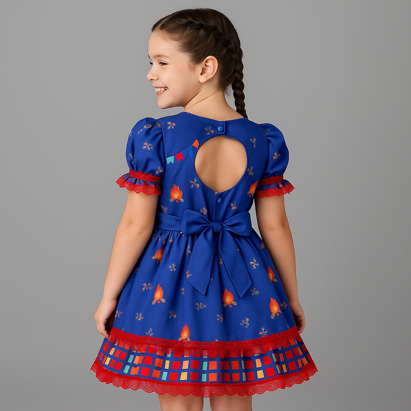 Vestido Junino Azul Coração Infantil