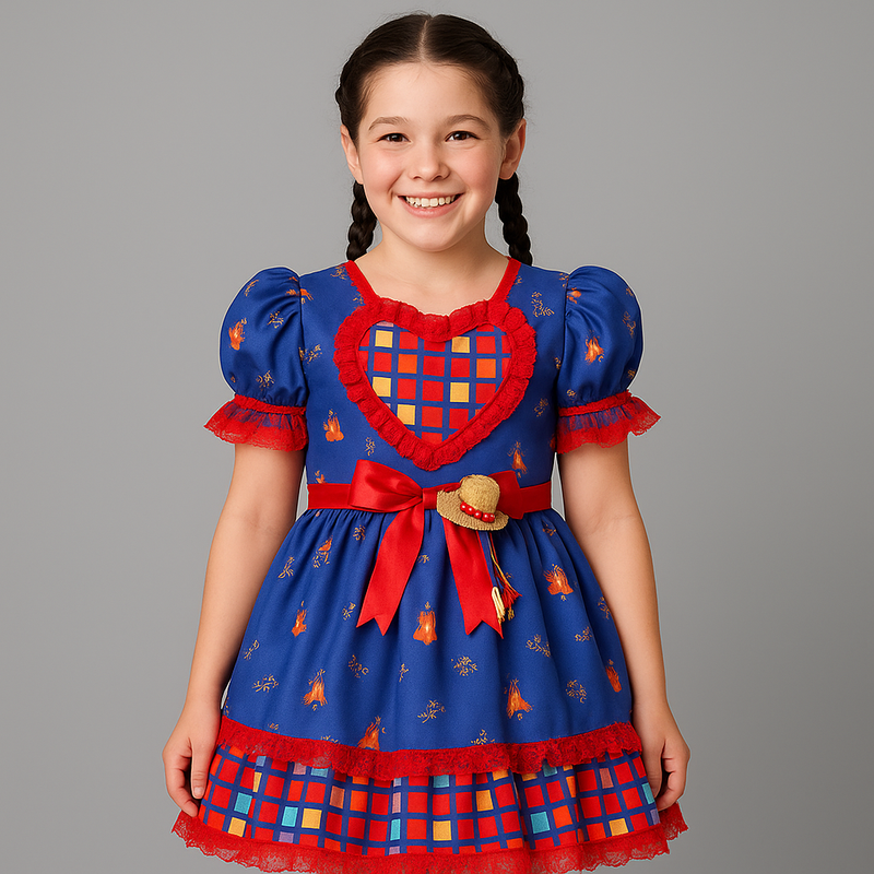 Vestido Junino Azul Coração Infantil