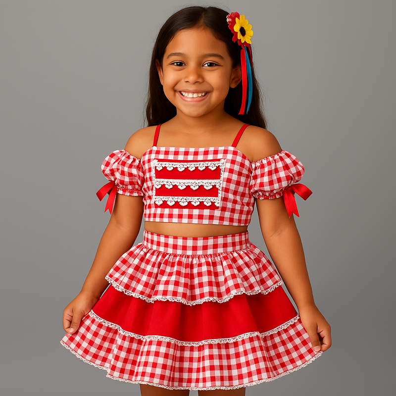 Conjunto Junino Infantil Cropped & Saia Xadrez Vermelho
