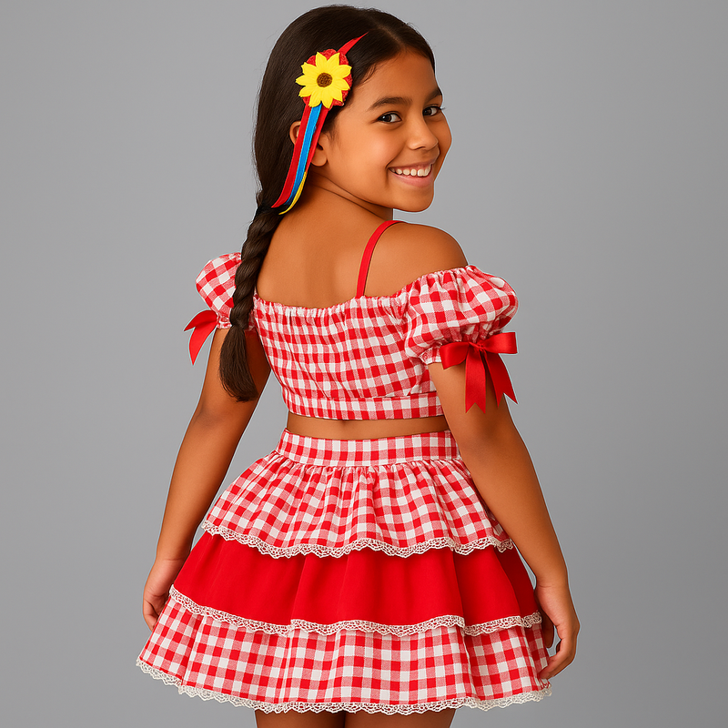 Conjunto Junino Infantil Cropped & Saia Xadrez Vermelho