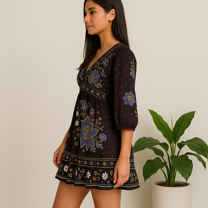 🌸 Vestido Farm Curto Boho Garden Noite