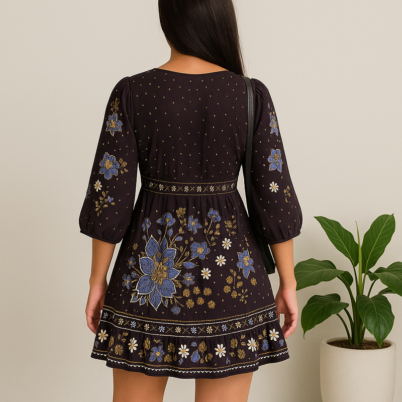 🌸 Vestido Farm Curto Boho Garden Noite