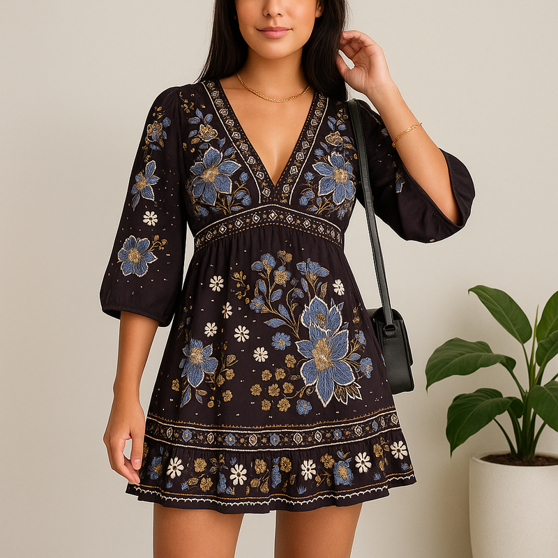 🌸 Vestido Farm Curto Boho Garden Noite