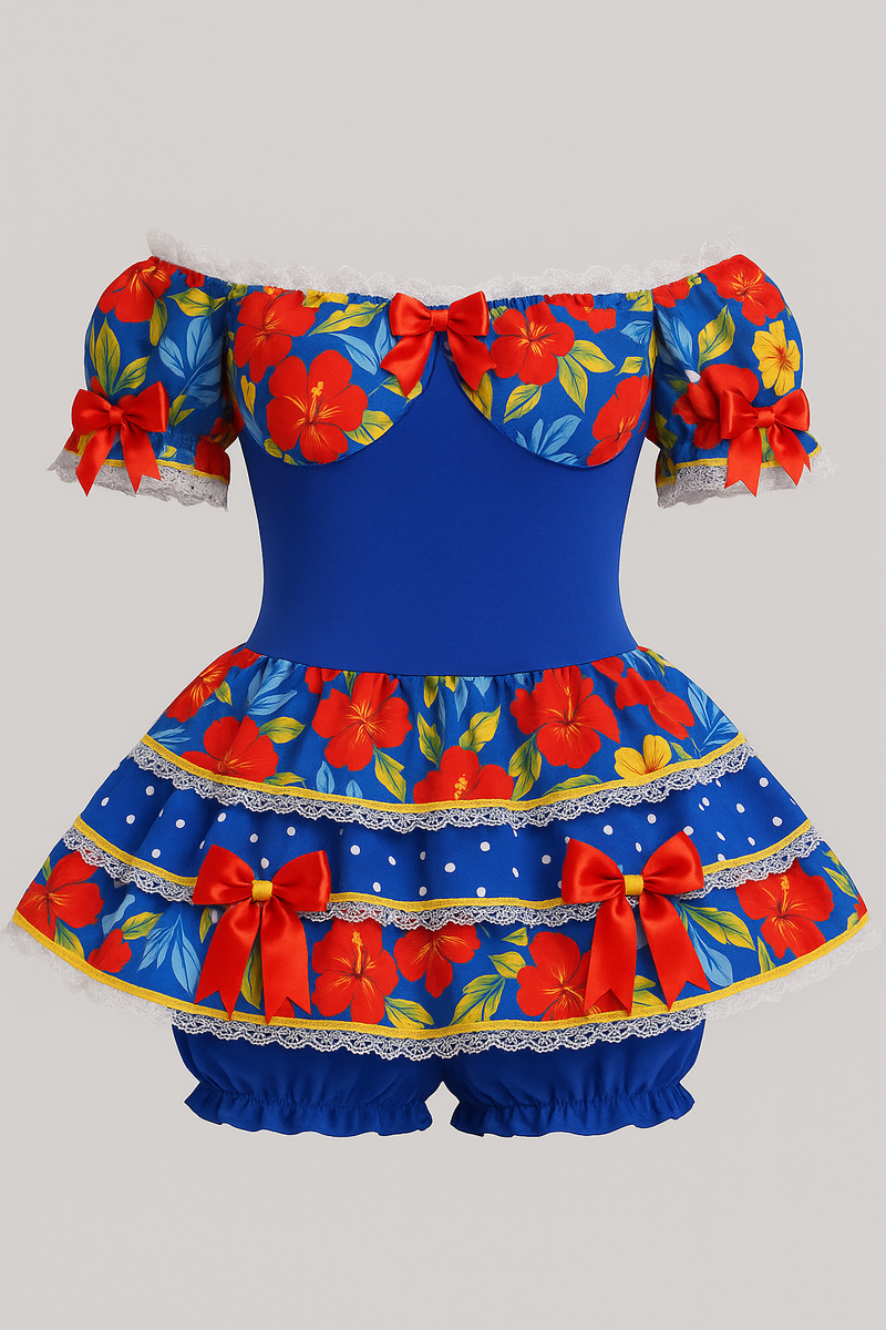 💙 Vestido Junino Ciganinha Linha Confort – Azul Royal com Flores Tropicais
