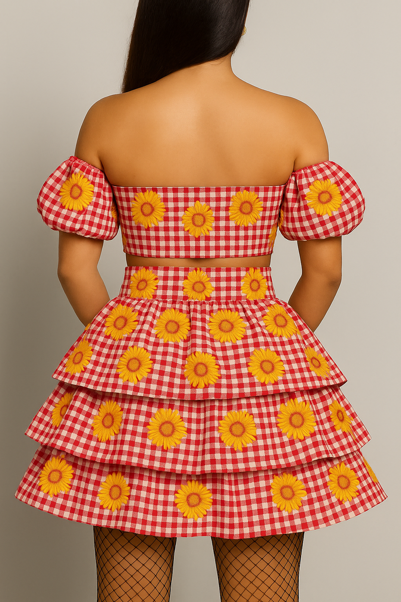 🌻 Vestido Caipira Girassol Vichy Vermelho – Modelo Festa Junina 🌻