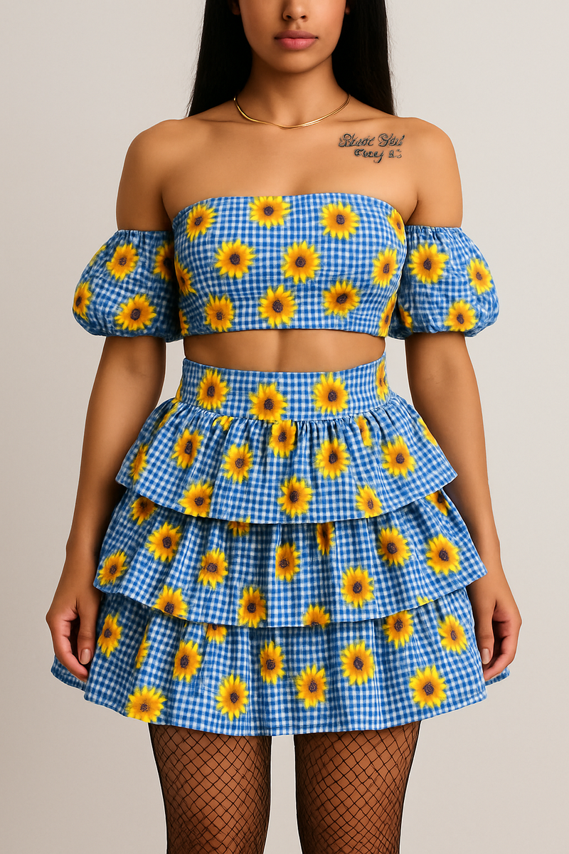 💙🌻 Vestido Caipira Girassol Vichy Azul – Clássico Junino com Toque Romântico 🌻💙