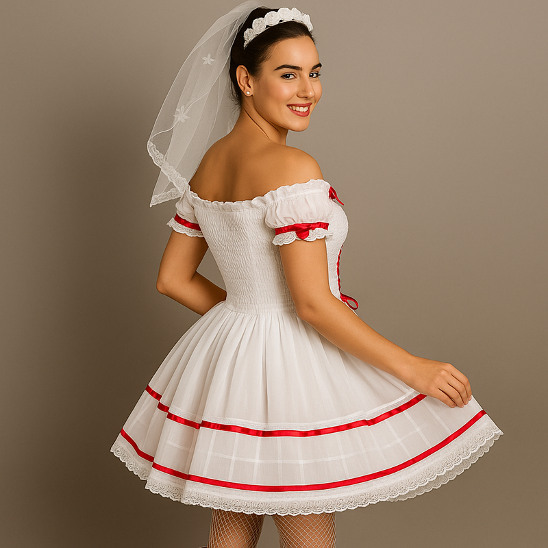 Vestido de Noivinha Junina Branco com Detalhes Vermelhos