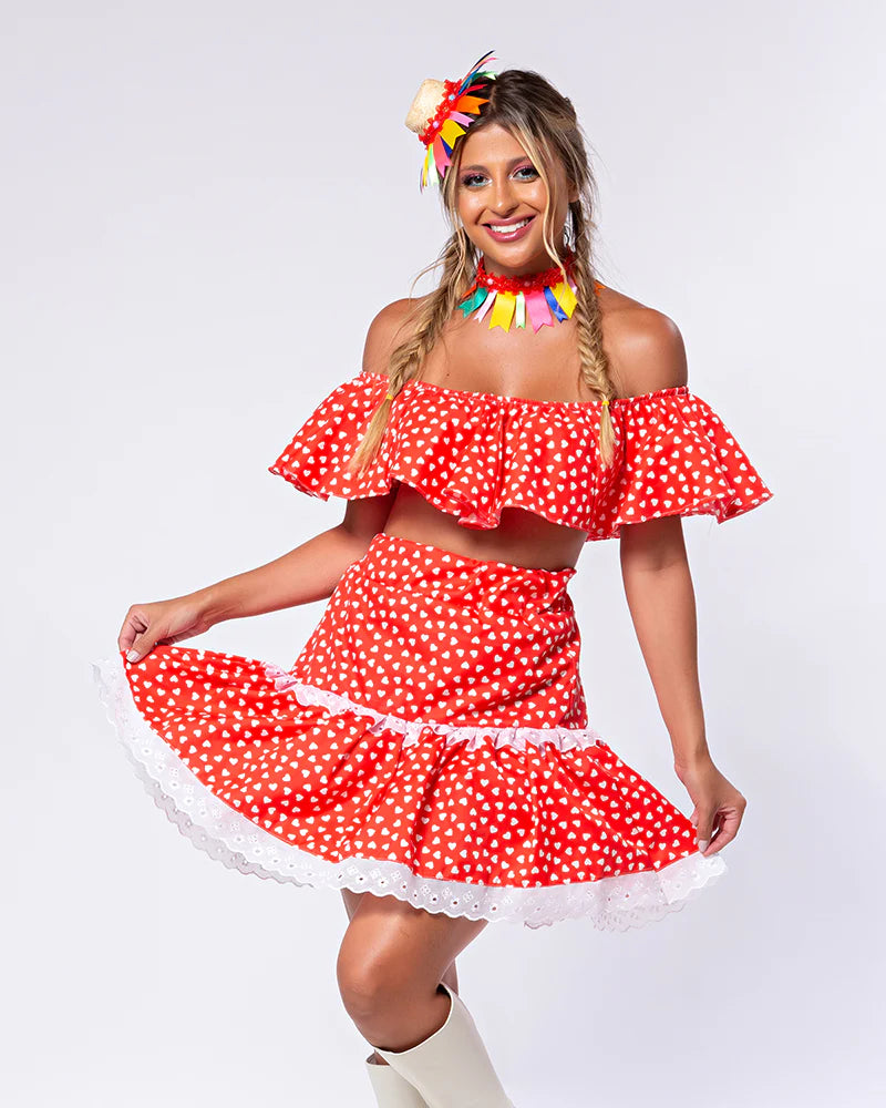 ❤️ Conjunto Junino Cropped Ciganinha + Saia Rodada com Estampa de Corações