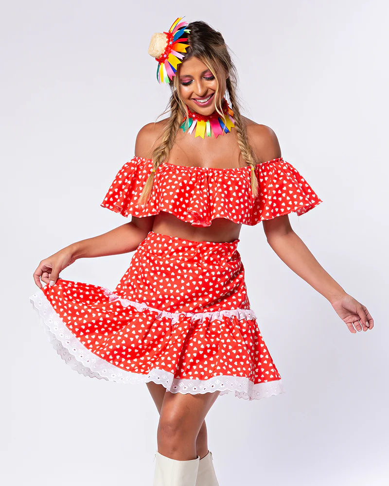 ❤️ Conjunto Junino Cropped Ciganinha + Saia Rodada com Estampa de Corações