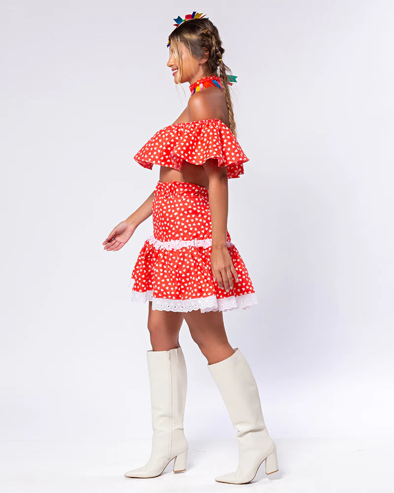 ❤️ Conjunto Junino Cropped Ciganinha + Saia Rodada com Estampa de Corações