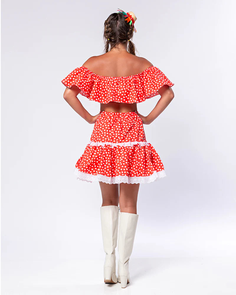 ❤️ Conjunto Junino Cropped Ciganinha + Saia Rodada com Estampa de Corações