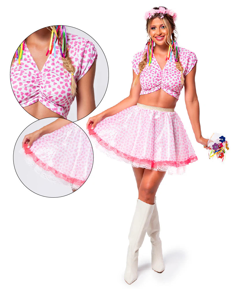 🌸 Conjunto Junino Rosa Corações – Cropped Franzido + Saia Rodada com Tule