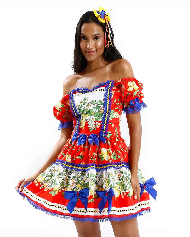 🍋 Vestido Junino Frutas Tropicais – Azul Royal com Laços Amarelos e Renda Vermelha
