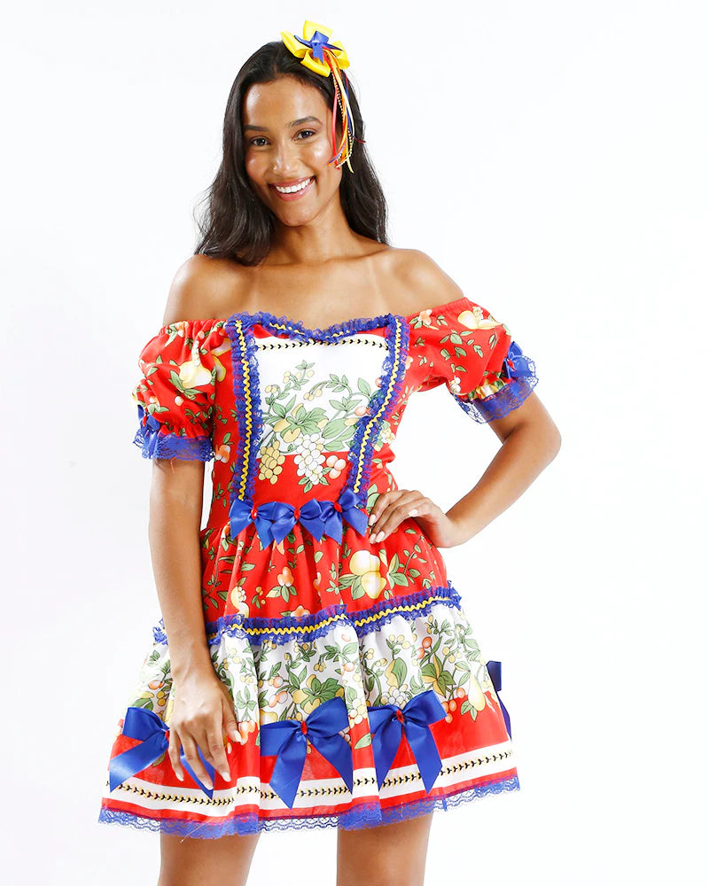 🍋 Vestido Junino Frutas Tropicais – Azul Royal com Laços Amarelos e Renda Vermelha
