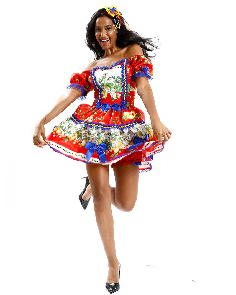 🍋 Vestido Junino Frutas Tropicais – Azul Royal com Laços Amarelos e Renda Vermelha