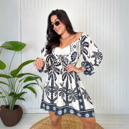 Vestido Farm Ombro a Ombro Manga Longa – Estampa Palmeira P&B