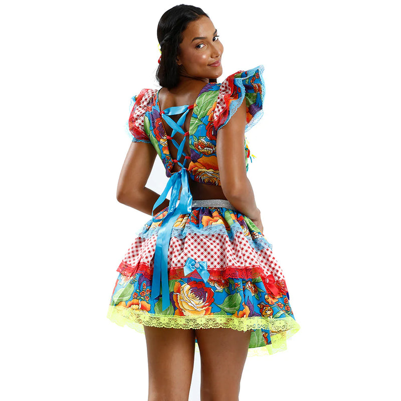 🌼 Conjunto Junino Cropped + Saia Rodada – Azul Floral com Rendas e Laços
