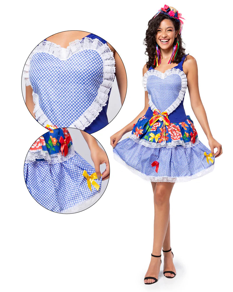 ❤️ Vestido Junino com Coração Central, Babados e Estampa Floral – Modelo África Azul