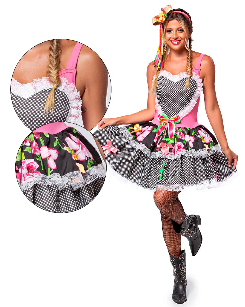❤️ Vestido Junino com Coração Central, Babados e Estampa Floral – Modelo África Cinza
