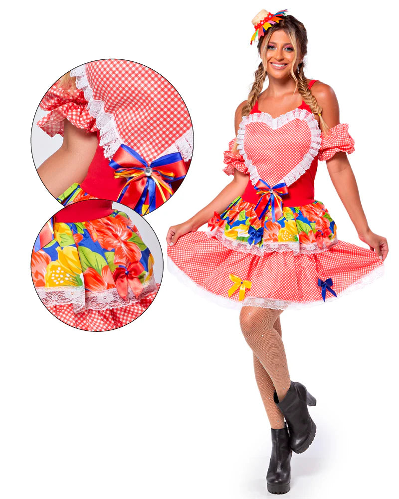❤️ Vestido Junino com Coração Central, Babados e Estampa Floral – Modelo África Vermelho