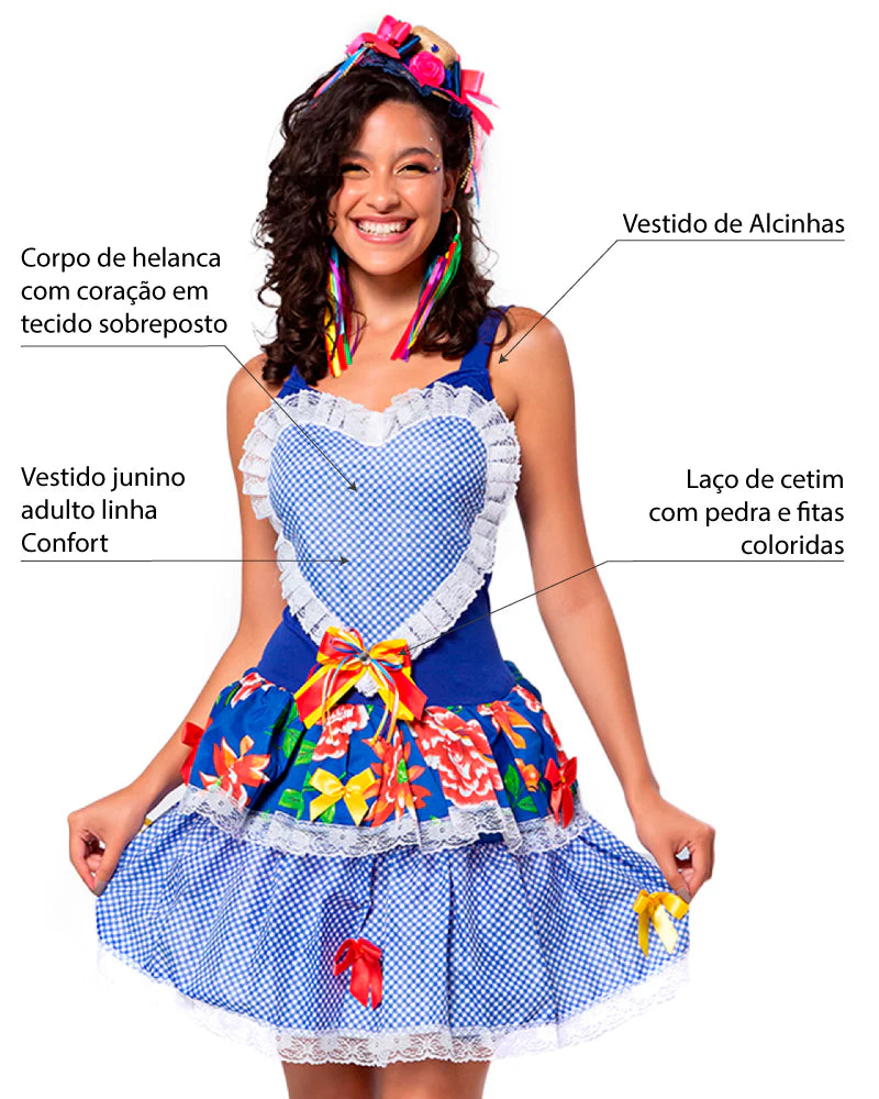 ❤️ Vestido Junino com Coração Central, Babados e Estampa Floral – Modelo África Azul