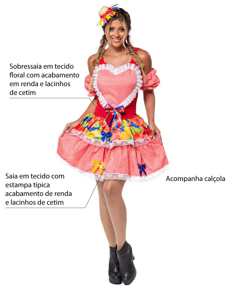 ❤️ Vestido Junino com Coração Central, Babados e Estampa Floral – Modelo África Vermelho