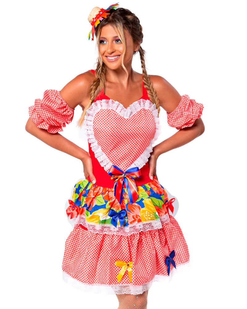 ❤️ Vestido Junino com Coração Central, Babados e Estampa Floral – Modelo África Vermelho