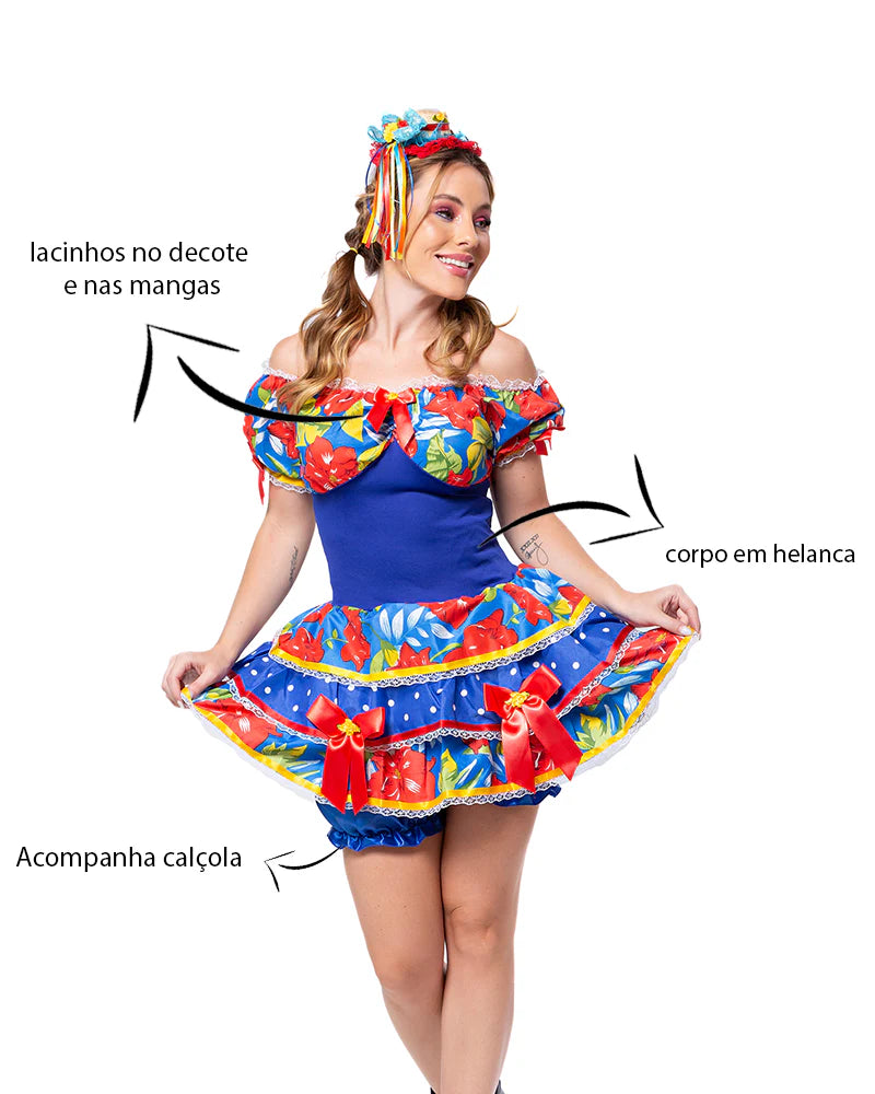 💙 Vestido Junino Ciganinha Linha Confort – Azul Royal com Flores Tropicais