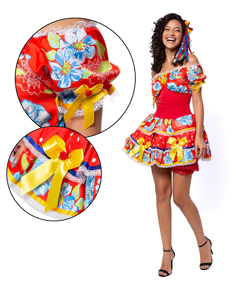 🎉 Vestido Junino Ciganinha Linha Confort – Vermelho com Flores e Laços